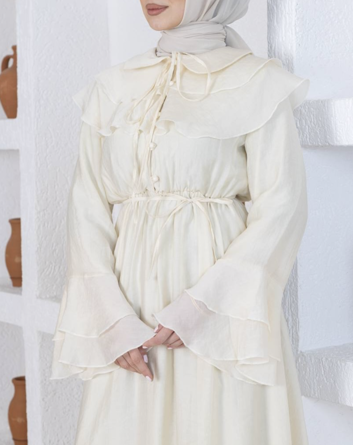 Cream Ruffle Modest Maxi Dress
